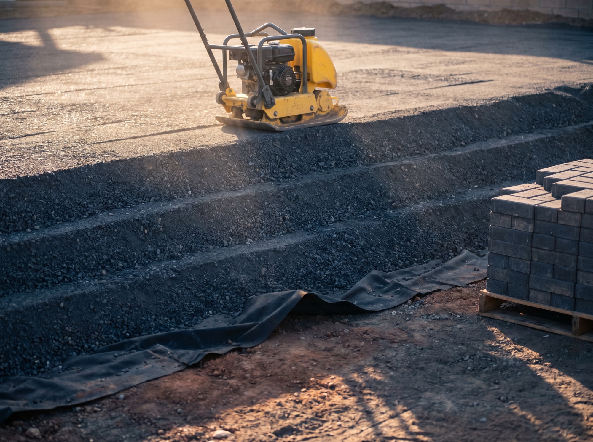 Compacted Class II road base in 6-inch lifts