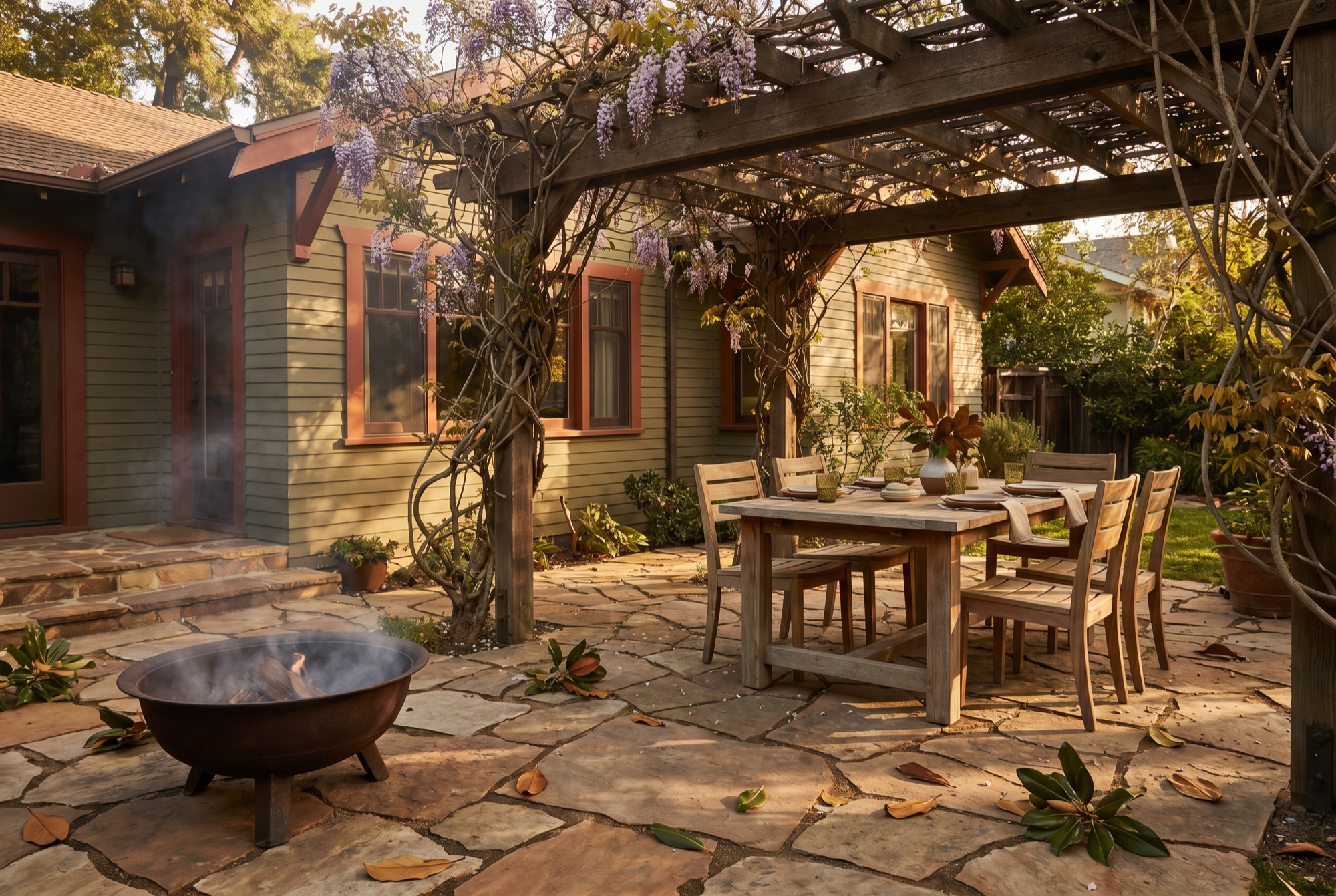 Flagstone patio behind a Pasadena Craftsman bungalow