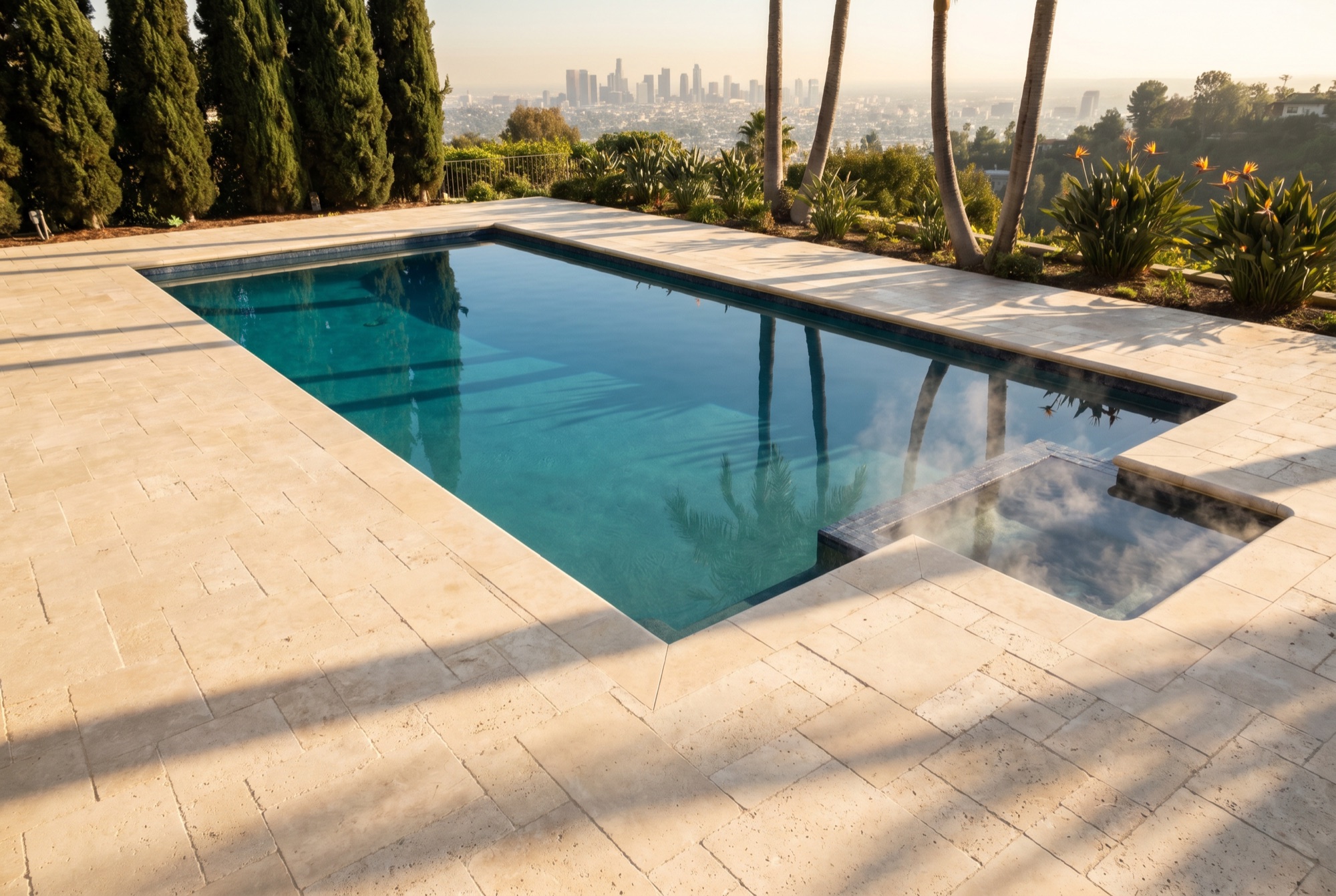 Travertine pool deck in Bel Air, 2,800 square feet